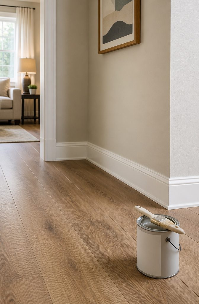 How to Install LVP Flooring: 11 Steps from Acclimation to Final Touches 10 Freshly painted baseboards placed back on the floor.