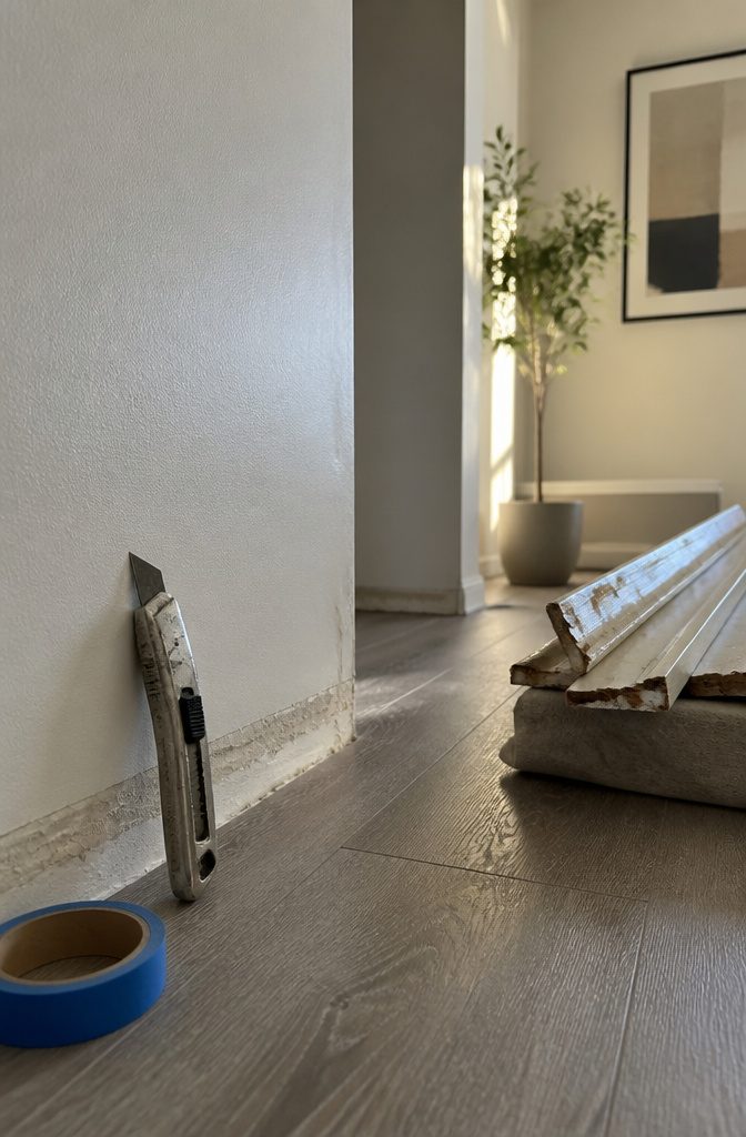 How to Install LVP Flooring: 11 Steps from Acclimation to Final Touches 2 Utility knife and removed baseboards against a clean wall.