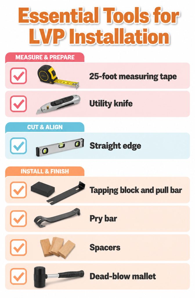 How to Install LVP Flooring: 11 Steps from Acclimation to Final Touches 14 Tools including measuring tape and utility knife for flooring.