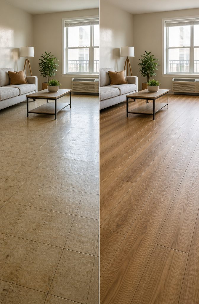 How to Install LVP Flooring: 11 Steps from Acclimation to Final Touches 13 Display of luxury vinyl plank flooring with price range.
