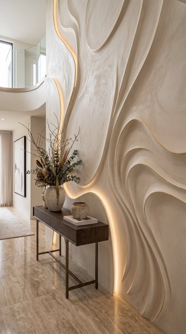 Cream-colored 3D sculptural wall art with organic flowing waves and warm integrated backlighting.