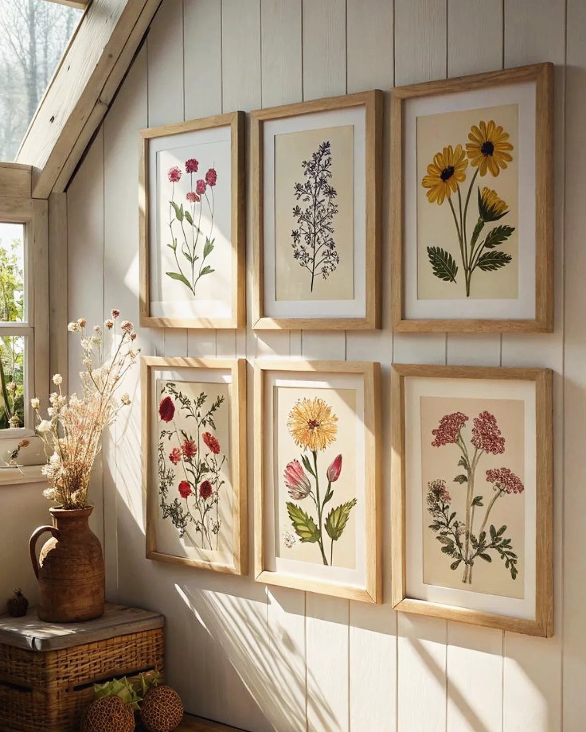 Six framed botanical flower prints hanging on a white wood paneled wall above a vase.
