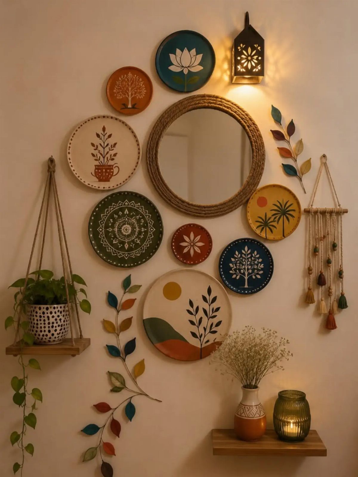 Decorative botanical plates and a round mirror arranged on a white wall with small shelves.