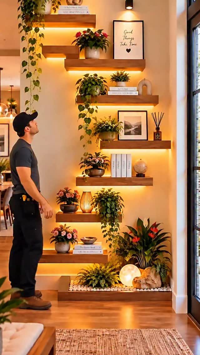 Man standing beside a wall with illuminated wooden floating shelves holding plants and decor.
