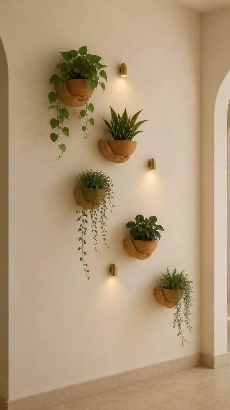 Hand-shaped terracotta planters with green plants mounted on a cream wall with warm lighting.