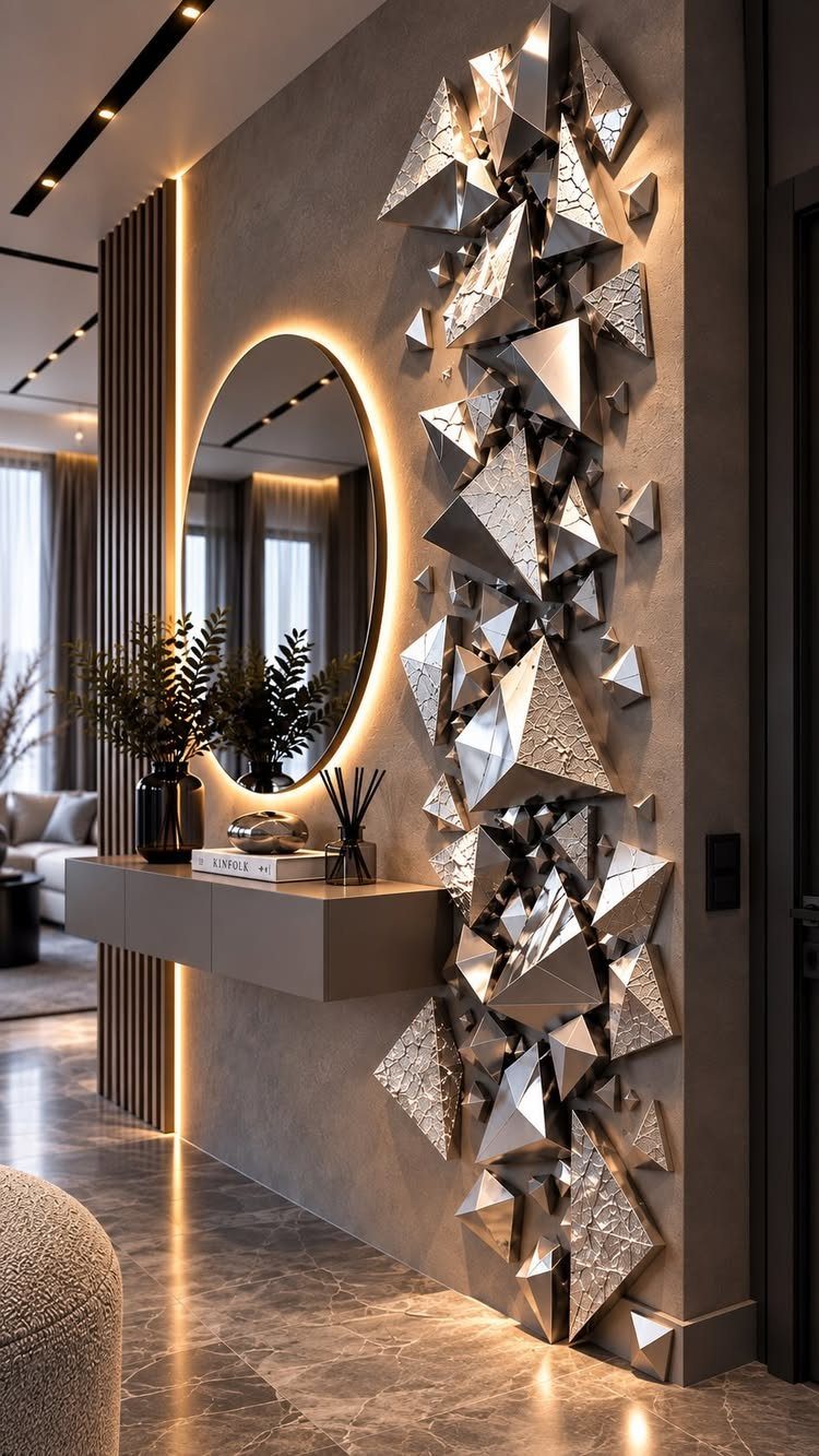Silver metallic triangular geometric panels mounted on a modern interior wall next to a backlit mirror.