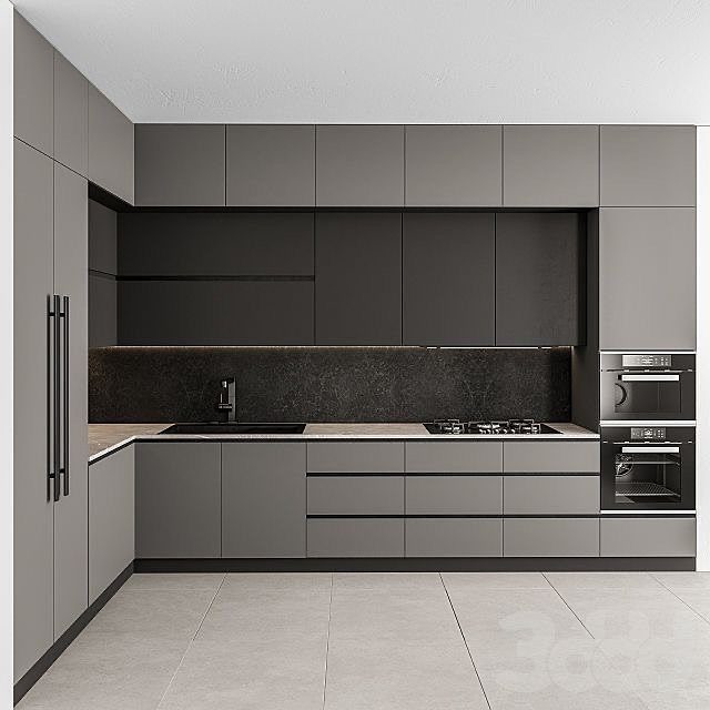 Kitchen Floor Colors: 14 Ideas for 2026 9 Modern kitchen with dark gray cabinets and large light gray floor tiles.