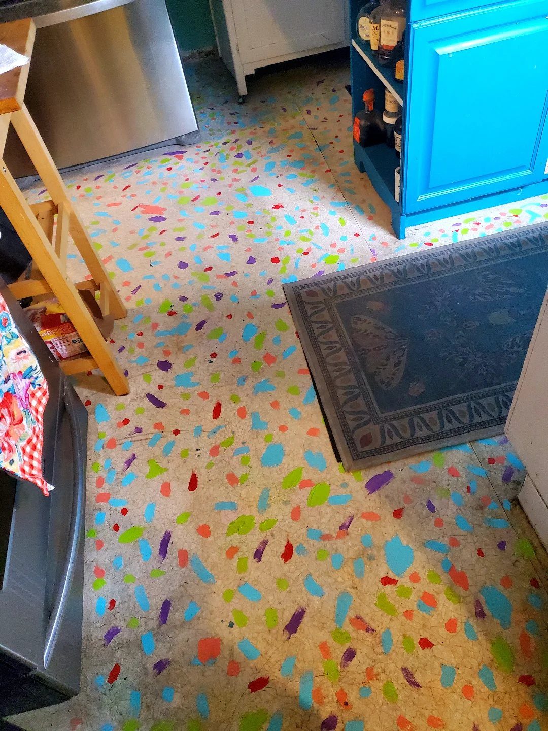 Kitchen Floor Colors: 14 Ideas for 2026 14 Colorful splatter patterned kitchen floor with blue, green, and red spots on a light background.