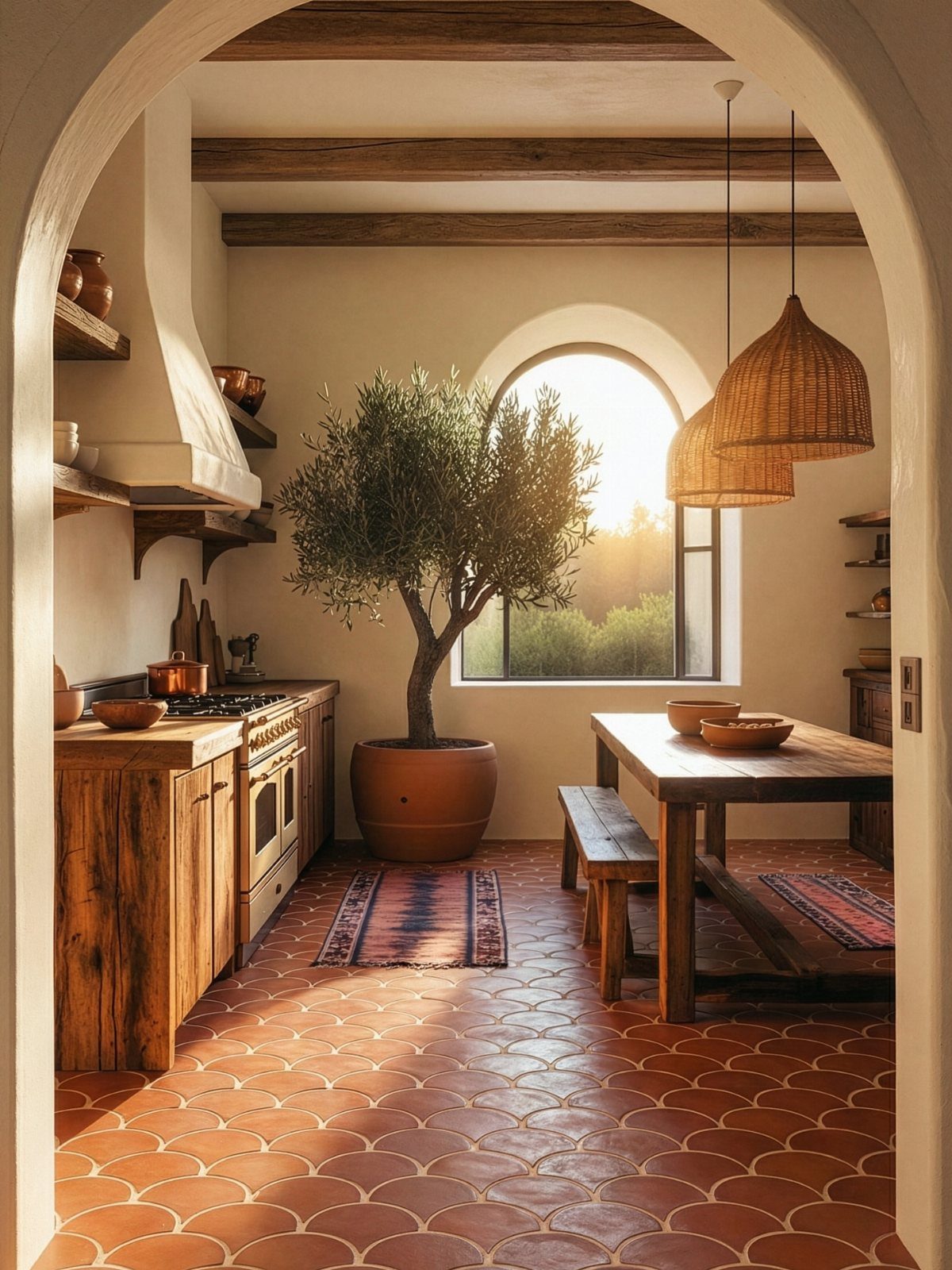 Kitchen Floor Colors: 14 Ideas for 2026 11 Terracotta scalloped tiles cover the floor of a rustic kitchen with wooden furniture and an olive tree.