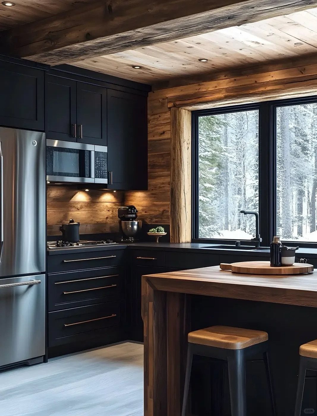 9 Kitchen Hardwood Flooring Ideas for Light to Bold Contrast 9 Modern kitchen with black cabinets, wooden island, and light hardwood flooring overlooking a snowy forest.