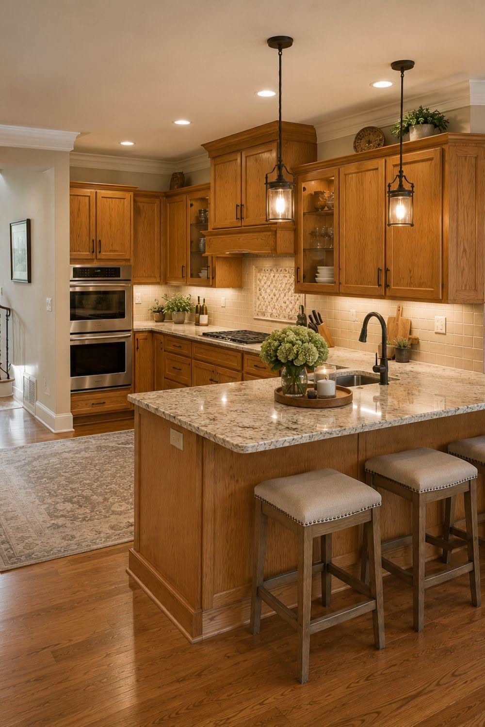 9 Kitchen Hardwood Flooring Ideas for Light to Bold Contrast 4 Medium oak hardwood flooring in a kitchen with wooden cabinets and a granite island.