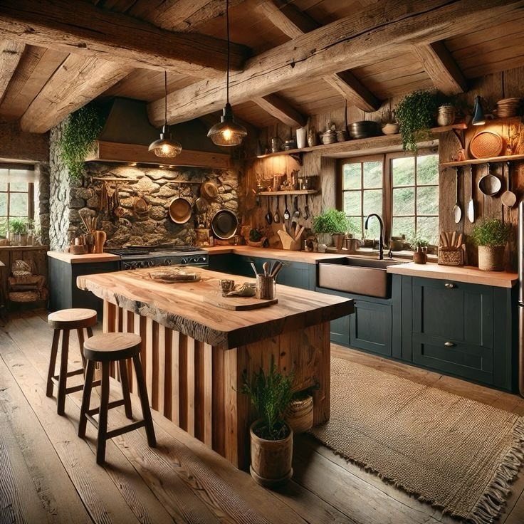 9 Kitchen Hardwood Flooring Ideas for Light to Bold Contrast 8 Rustic kitchen with dark blue cabinets, a wooden island, and wide hardwood flooring.