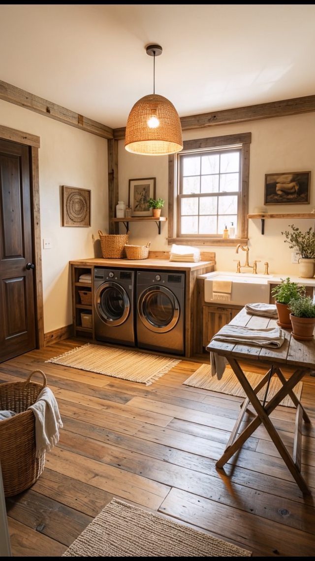 Wide wooden planks cover the floor of a rustic laundry room with appliances and a farmhouse sink.