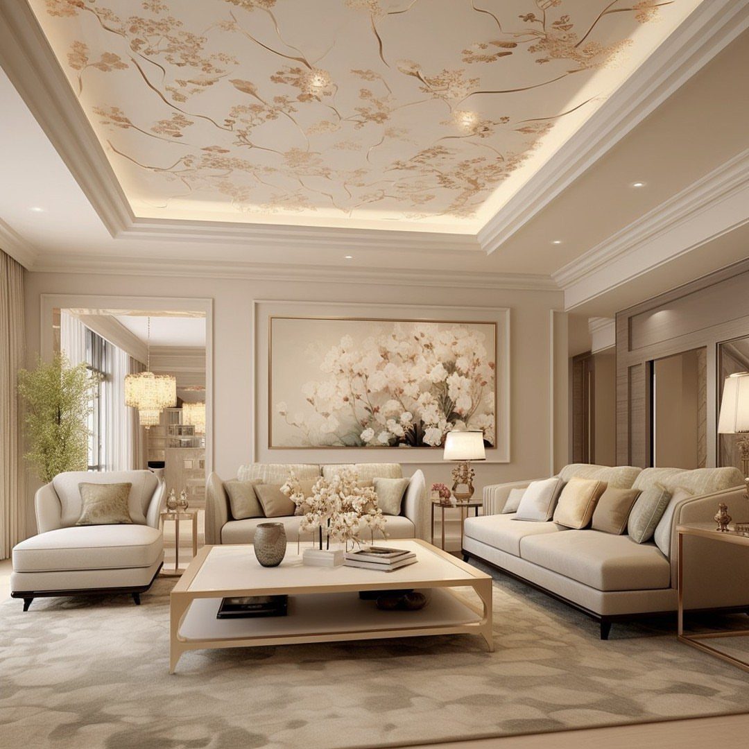 Cream sofas and a large coffee table sit beneath a decorative floral tray ceiling.