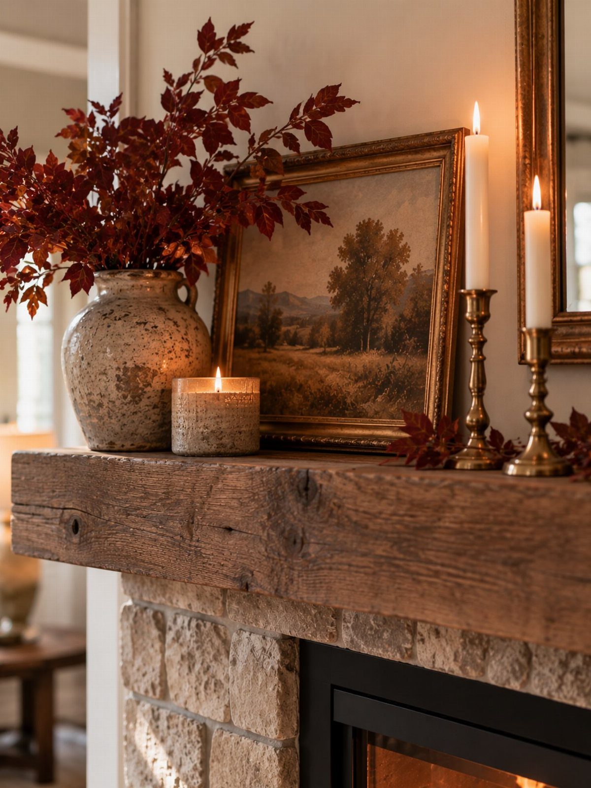 A rustic wooden fireplace mantel decorated with autumn leaves, a framed painting, and lit candles.
