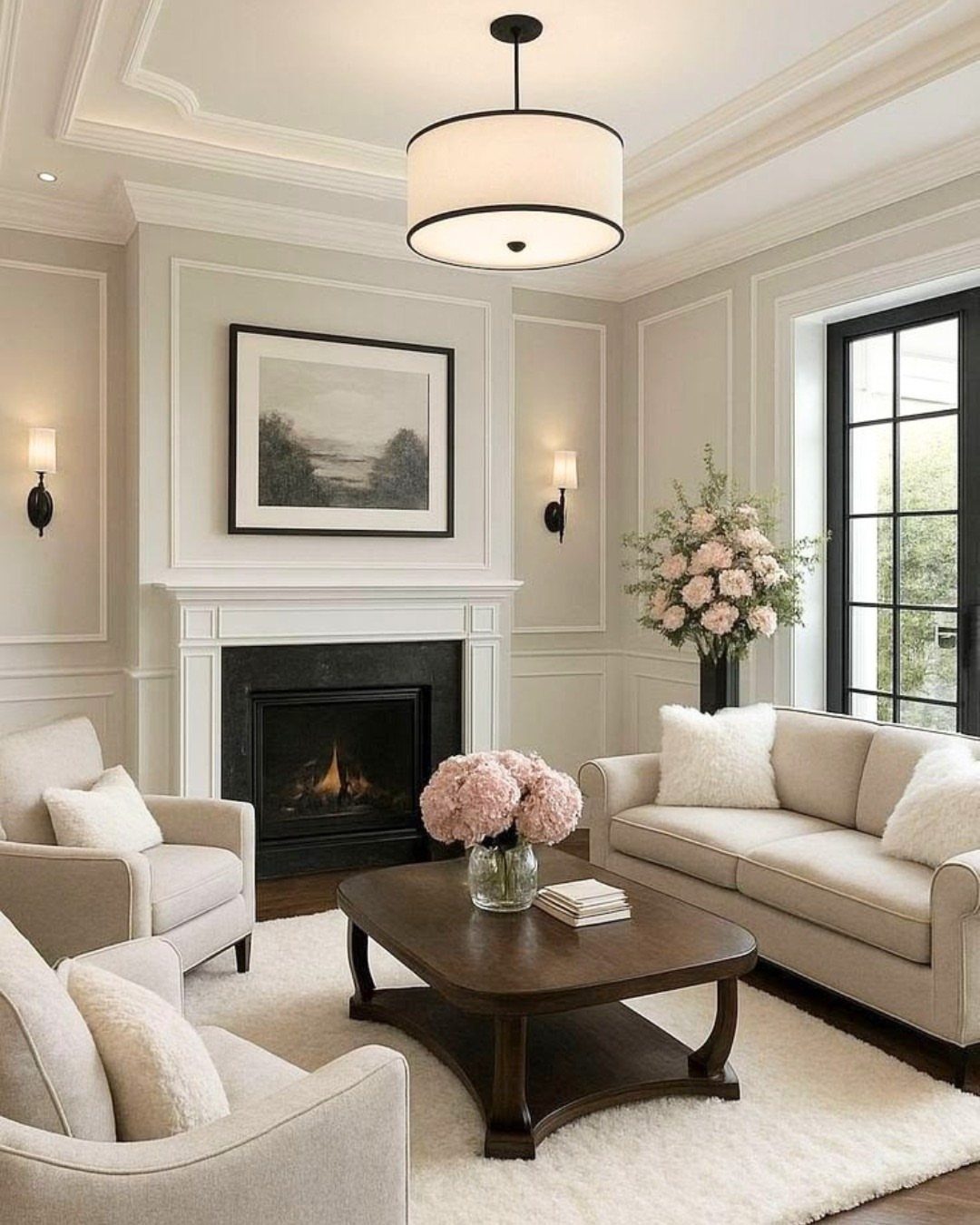 Cream living room with white fireplace, elegant furniture, and decorative wall and ceiling moulding.