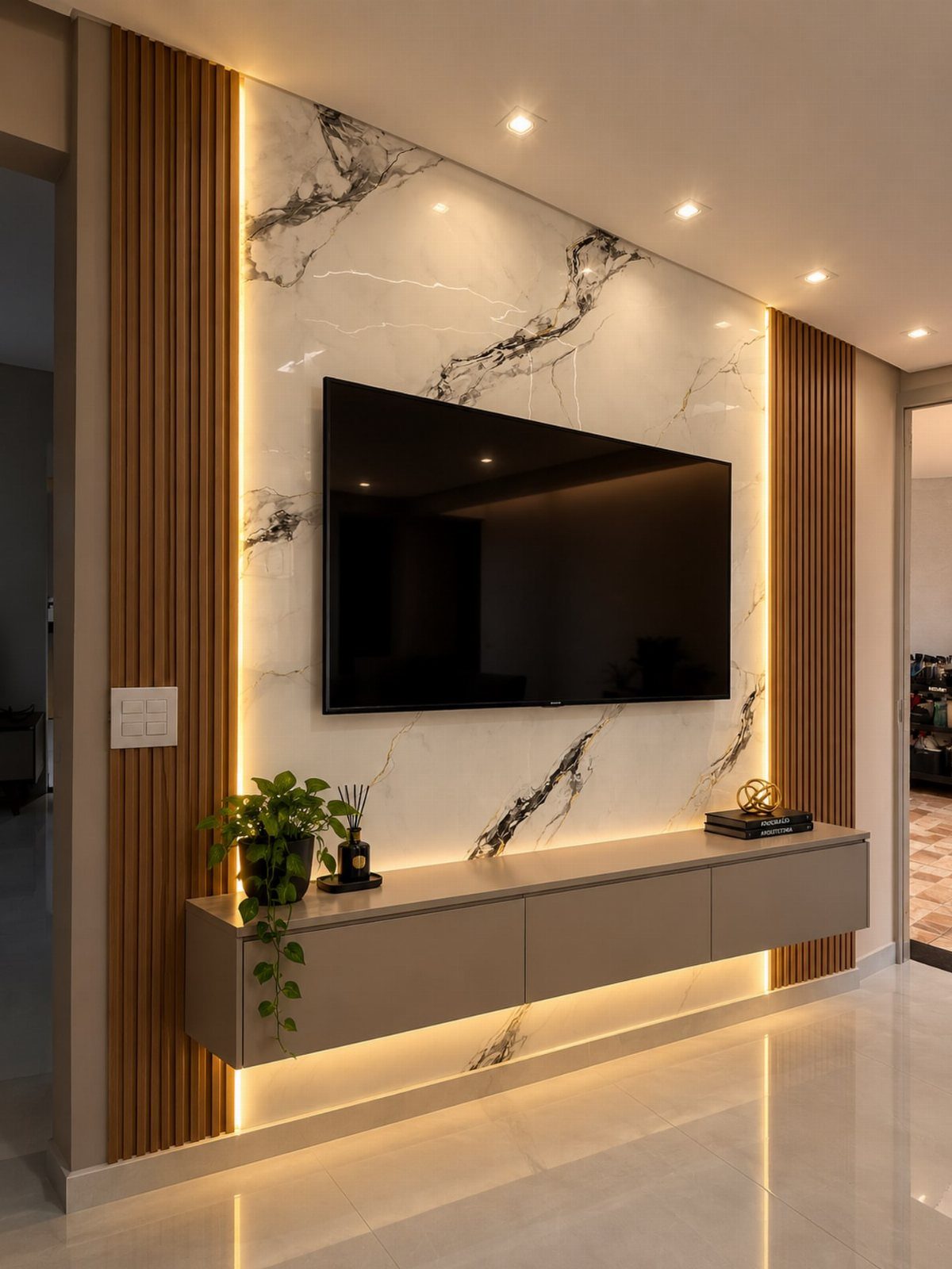 Vertical wooden slat panels flanking a marble feature wall with a television and floating console.