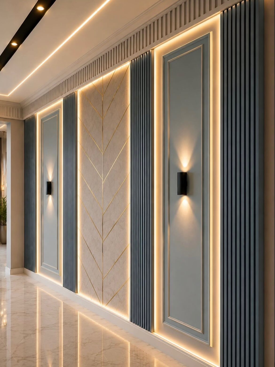 Decorative hallway walls featuring blue vertical slats, grey molding, and a central patterned cream panel with warm lighting.