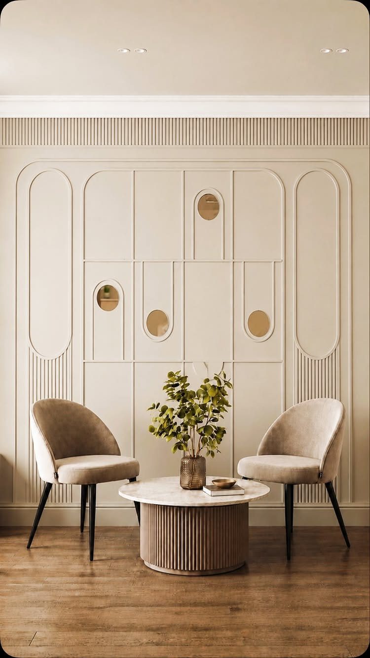 Geometric cream wall paneling with arched designs and circular cutouts in a modern living room setting.
