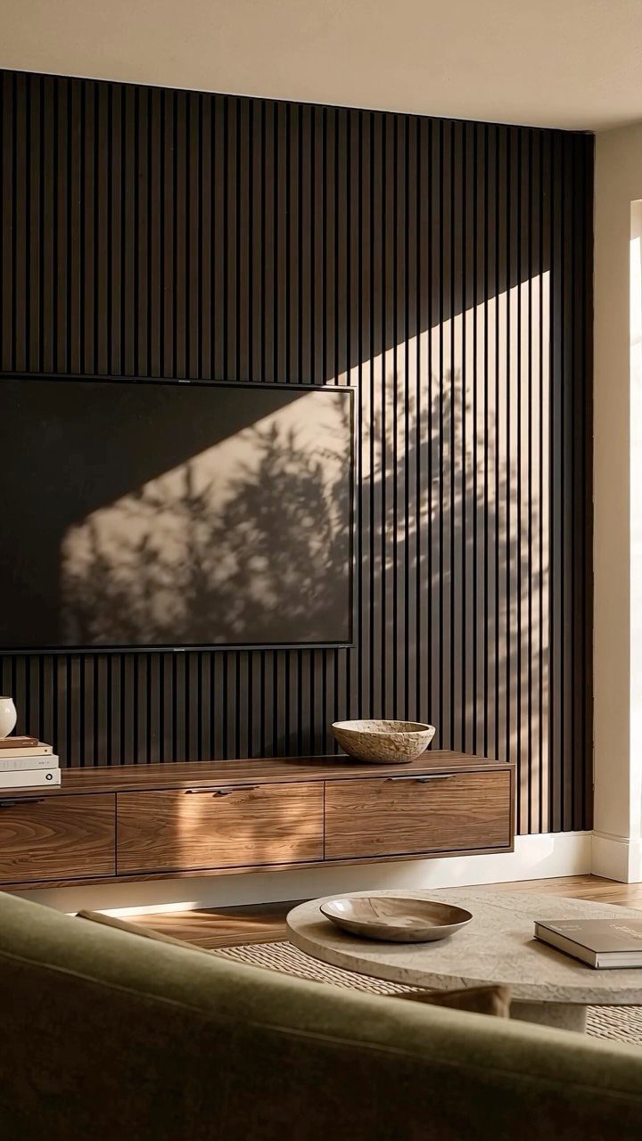 Dark vertical wood slat wall behind a television and a wooden media console.