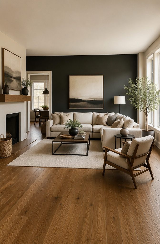 A room with an accent wall complementing the wood floor.