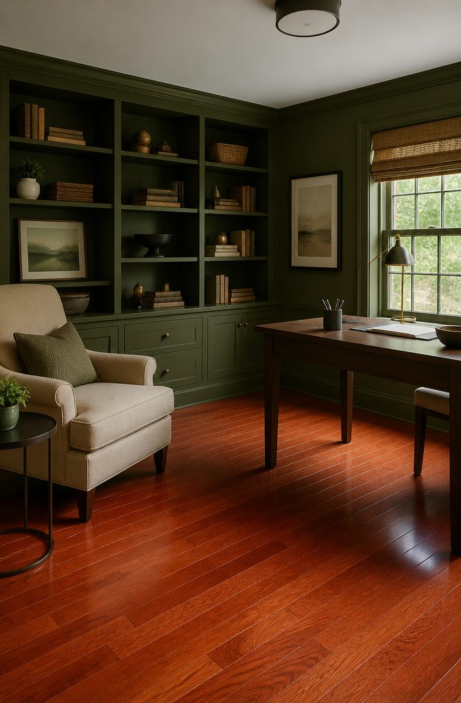 A study featuring cherry wood floors and deep green walls.