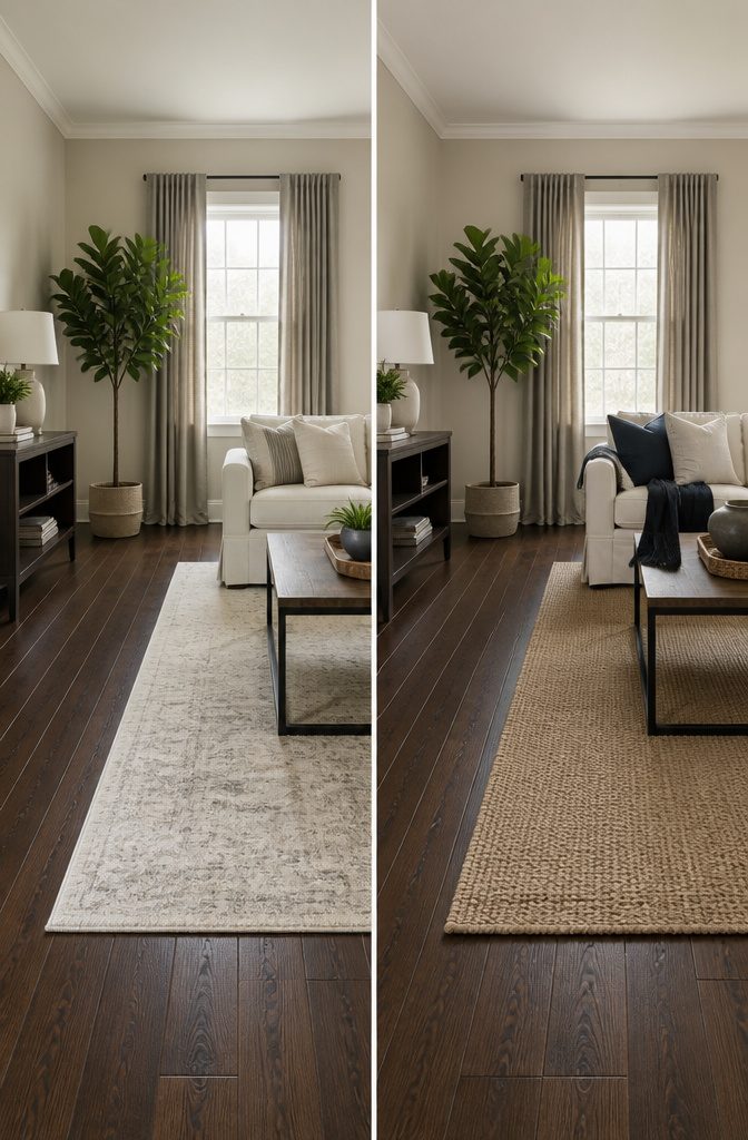 A room with dark wood floors and light walls creating contrast.