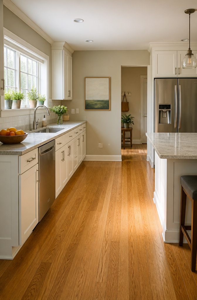 A kitchen showcasing golden oak floors and soft beige walls.