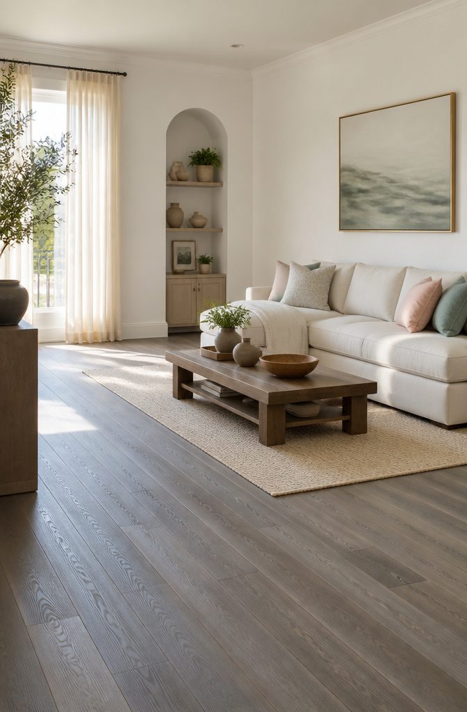 A living room featuring gray wood floors and warm off-white walls.
