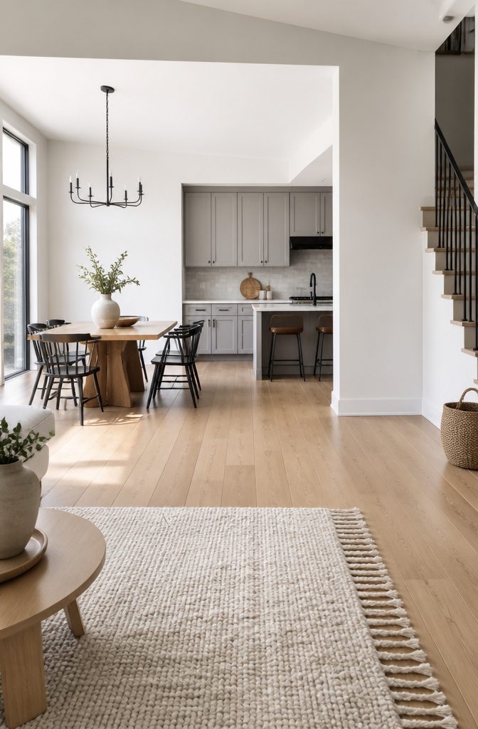 A serene room with light wood floors and soft cool white walls.