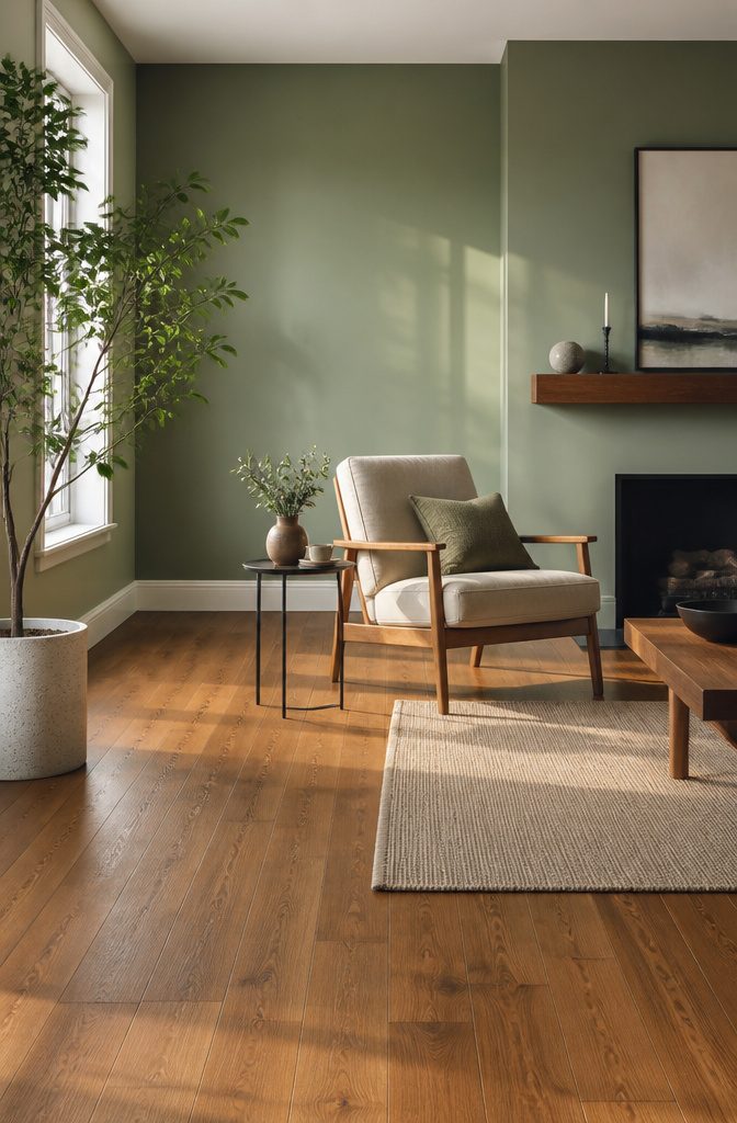 A living room featuring medium wood floors and dusty green walls.