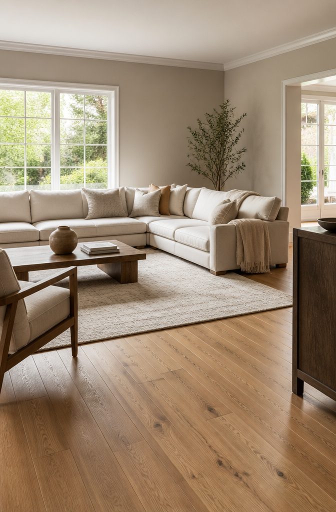A living room with neutral walls and warm oak flooring.