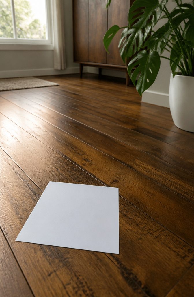 A close-up of a wood floor next to a white sheet of paper.