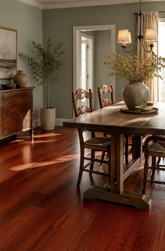 A dining area with red-toned wood floors and gray-green walls.