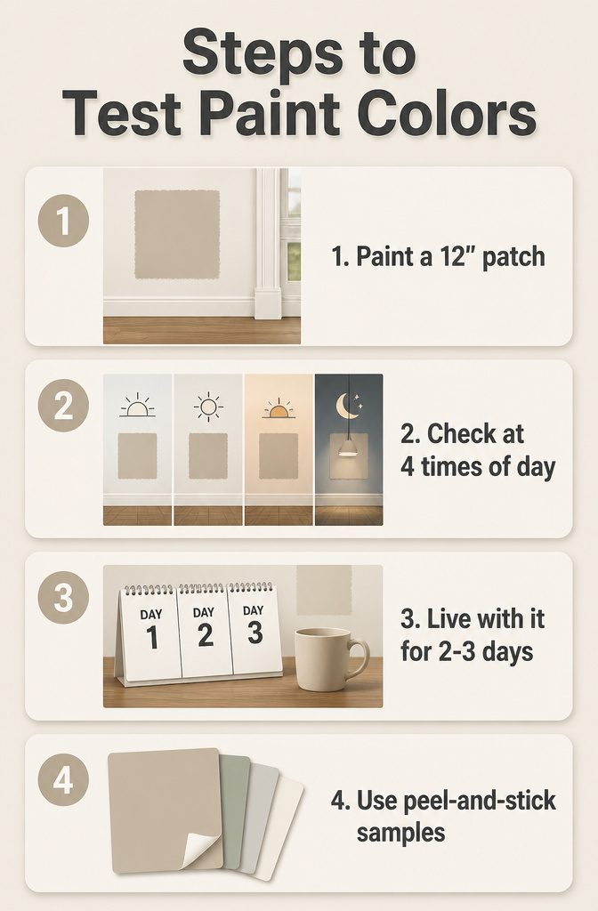 Paint samples tested next to wood floors for color matching.