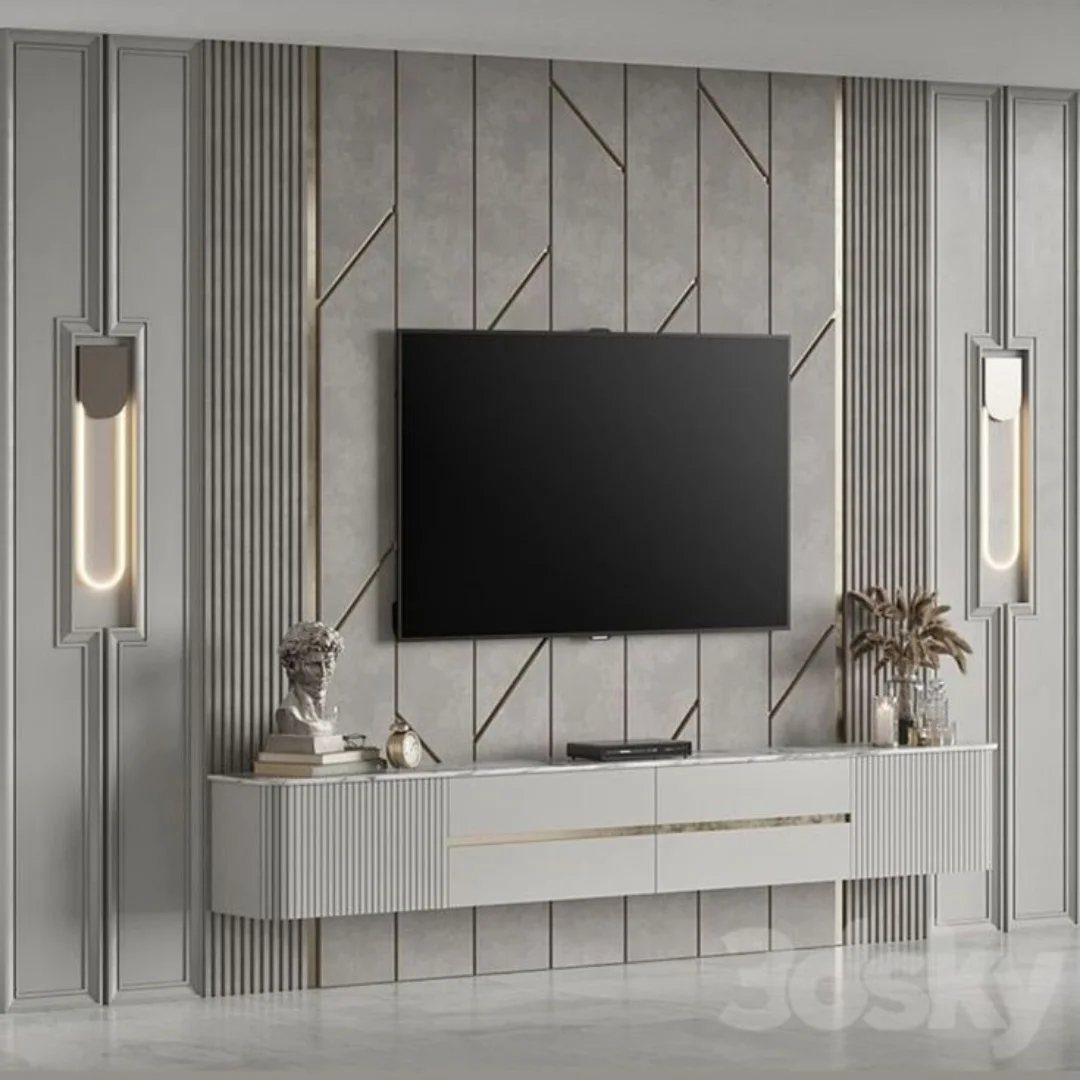 Modern grey PVC panel wall design with gold geometric accents and a mounted television.