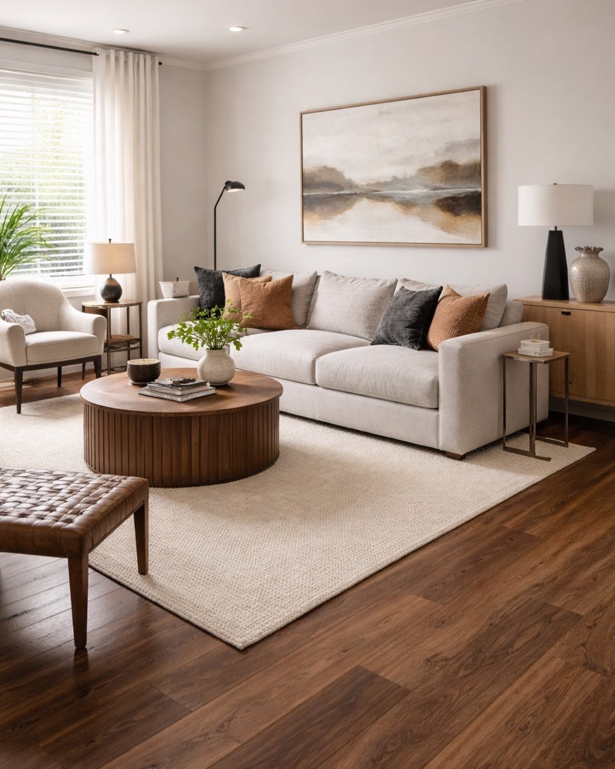 Dark walnut hardwood floors in a modern living room with a beige sofa and white rug.