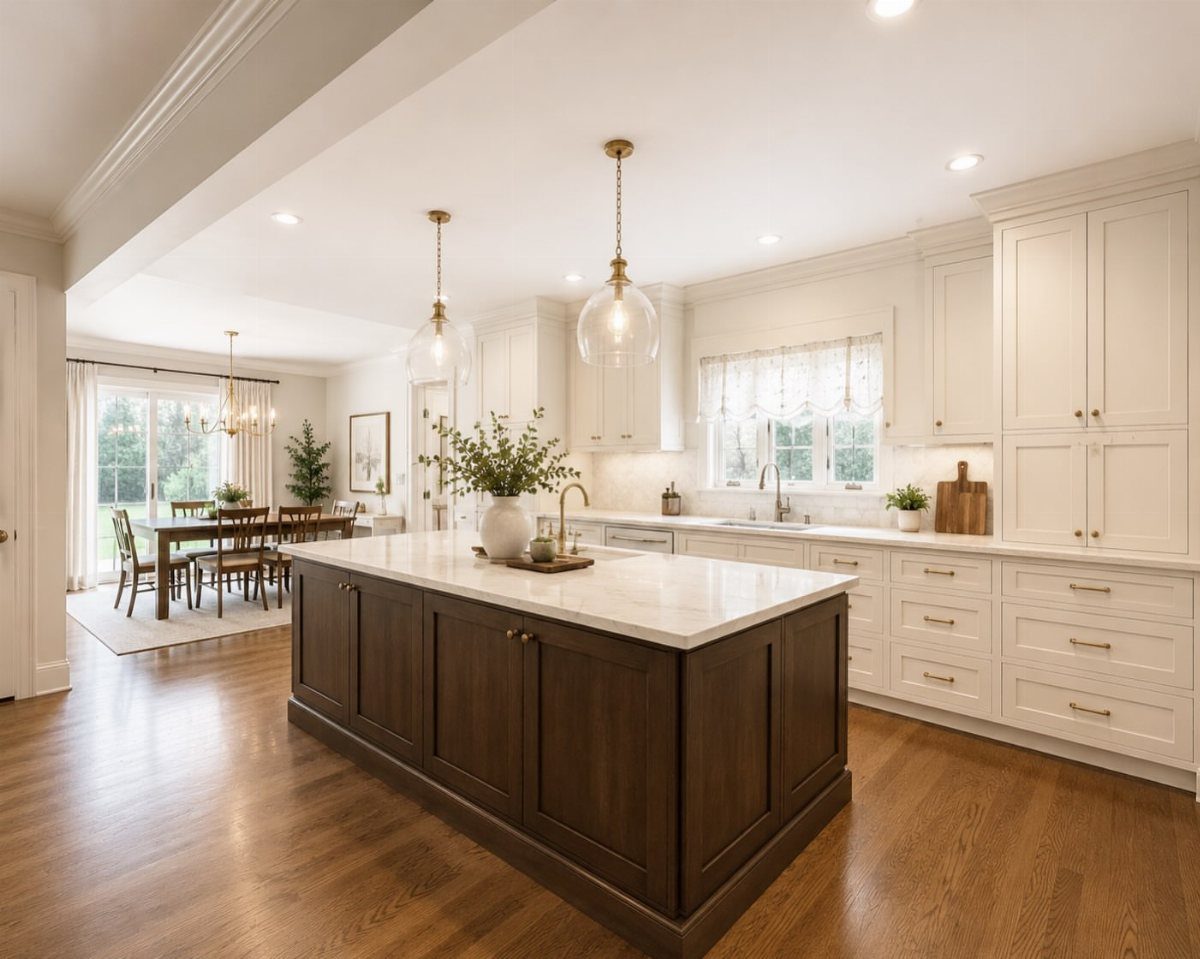 Walnut hardwood floors in a bright kitchen with white cabinets and a dark wood island.