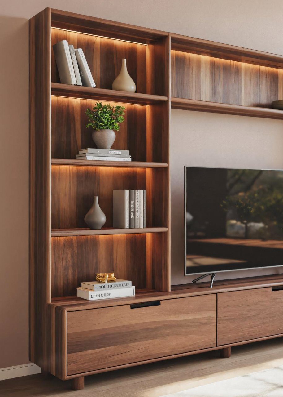 Wooden TV unit with integrated warm LED lighting, books, and decorative vases on shelves.