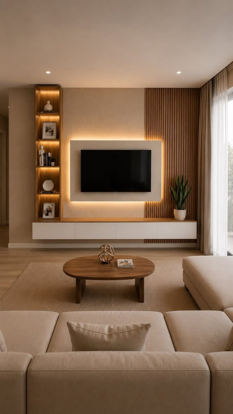 Modern living room with a floating white TV console, backlit wall panel, and vertical wood slats.