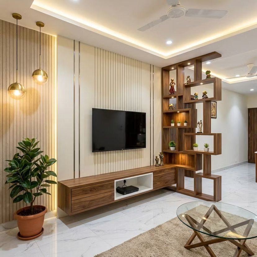 A modern wooden TV console and geometric rectangular shelving unit against a paneled wall.
