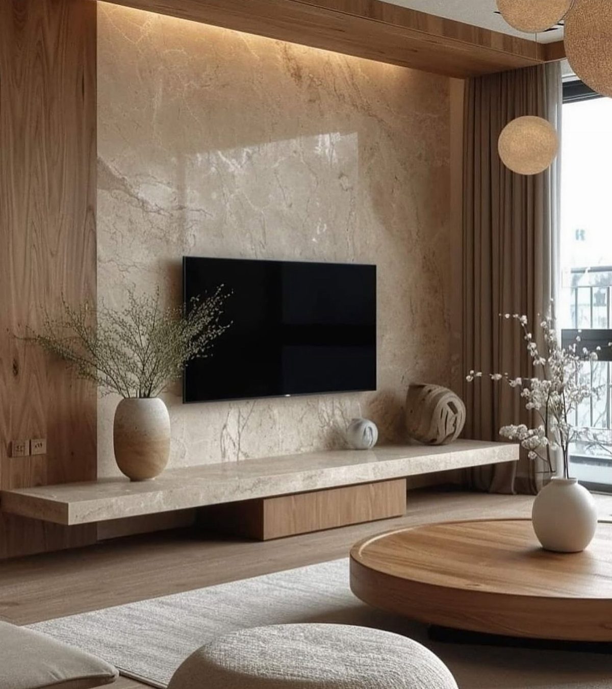 A large television mounted on a luxurious marble-patterned wall panel above a long stone console.