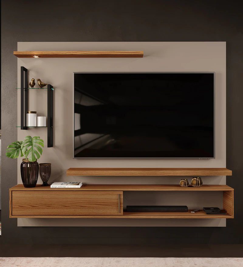 A minimalist wooden TV unit with floating shelves and a bottom console mounted on a grey wall panel.