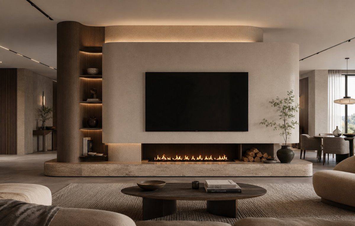 A modern TV unit with an integrated linear fireplace and a large television mounted on a light wall.