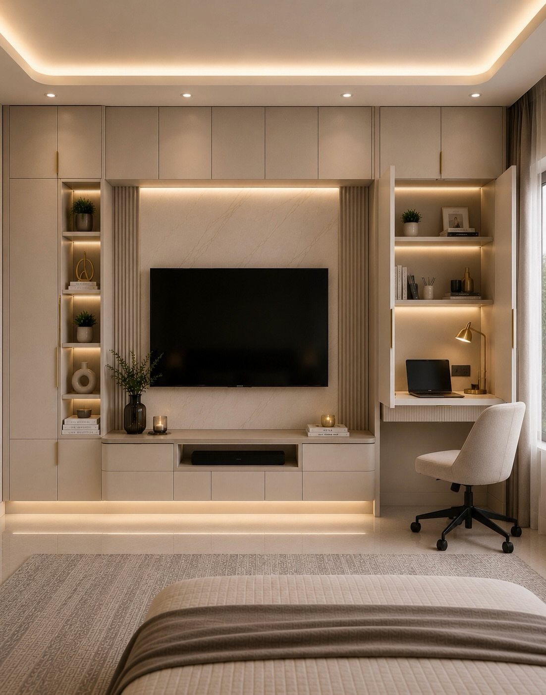 A modern beige built-in wall unit featuring a television, shelving, and an integrated desk workspace.
