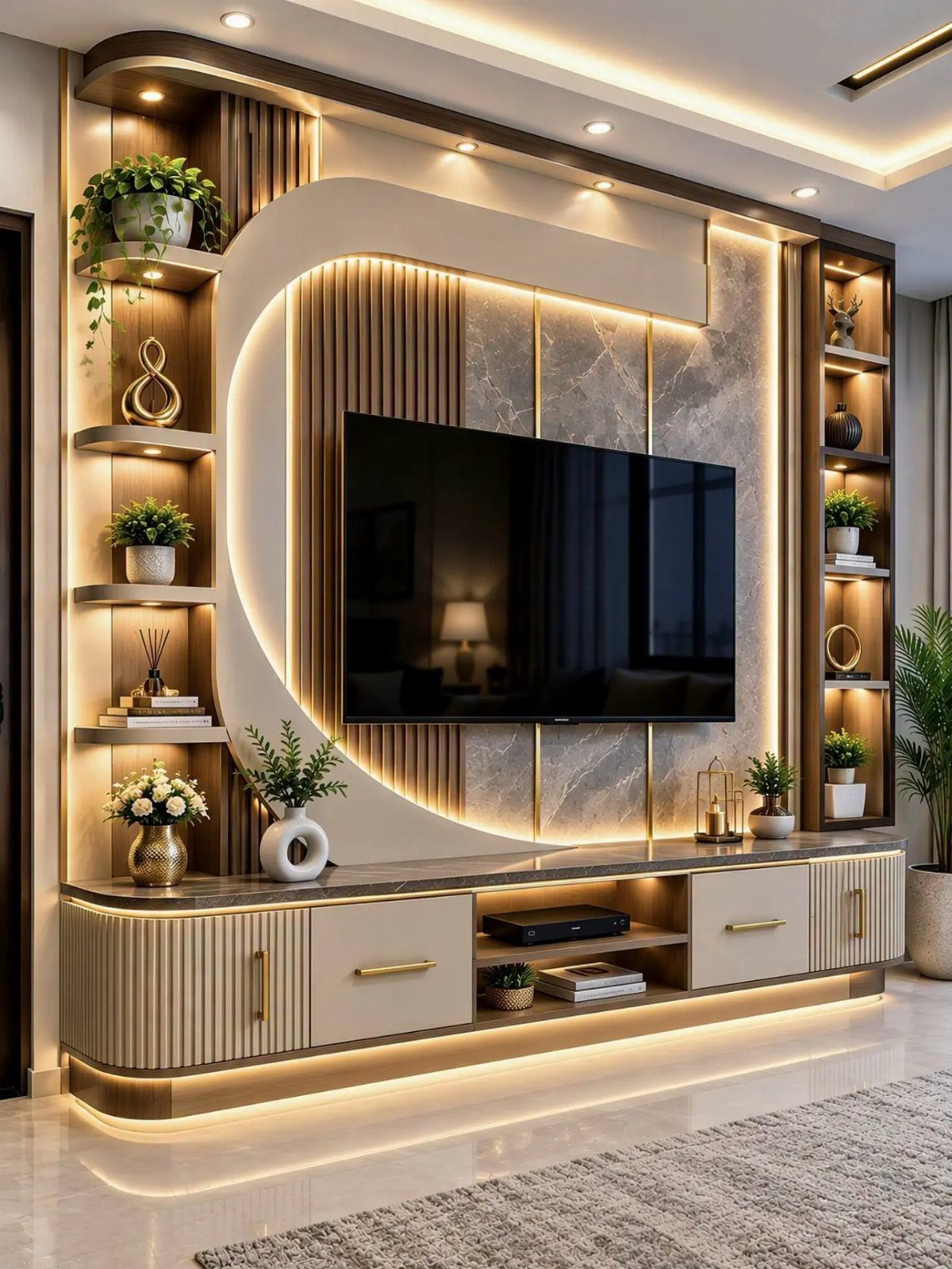 Modern TV unit with marble back panel, integrated LED lighting, and decorative open shelving units.