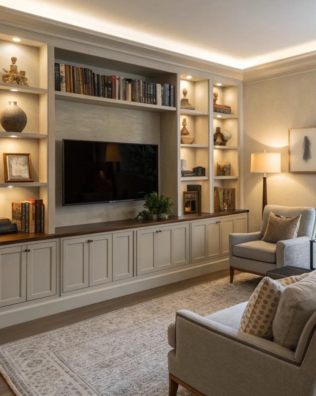 Built-in light gray media unit with bookshelves, a television, and lower cabinets in a living room.