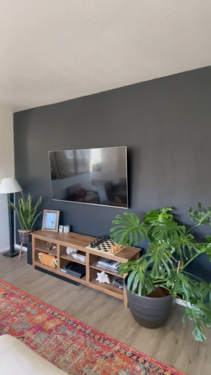 A television mounted on a dark grey wall above a wooden media console and green plants.