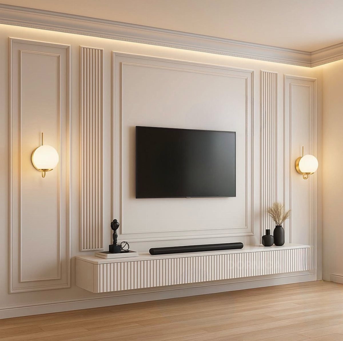 Television mounted on a white wall with decorative molding and glowing spherical sconces.
