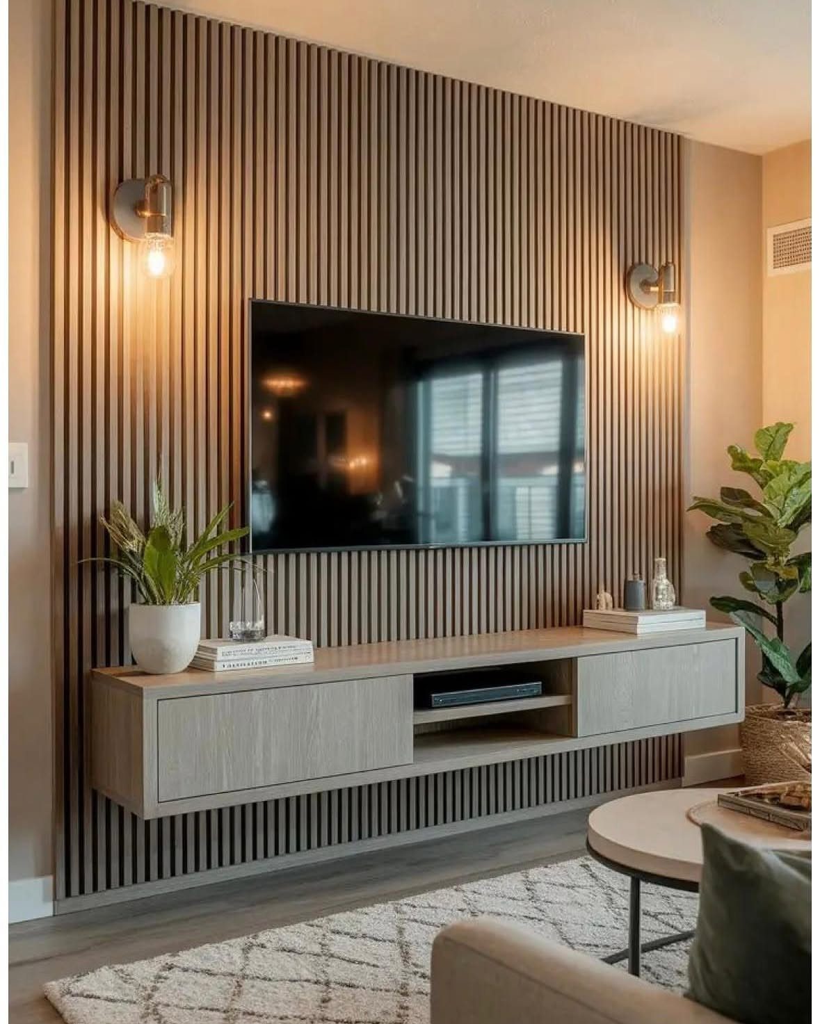 A television mounted on a vertical wood-paneled wall with a floating console below.